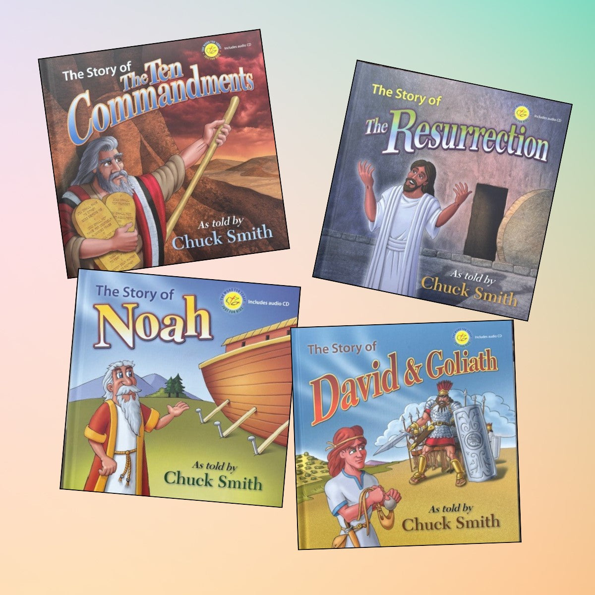 The Story of The Resurrection, The Ten Commandments, David and Goliath, Noah W/CD 4 Book Pack